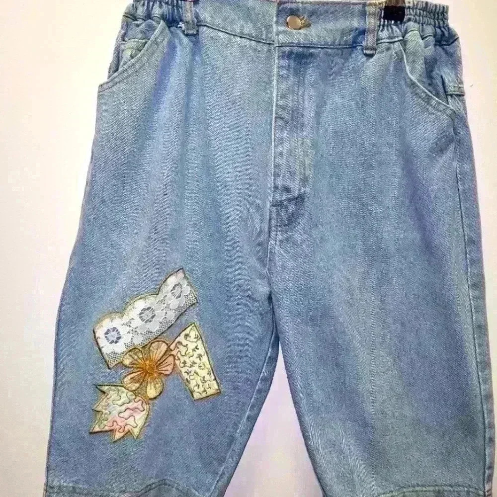 90S patch work denim shorts